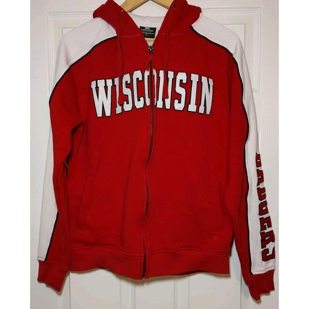 Men's Wisconsin Badgers Hoodie Full Zip Red NCAA Sweatshirt Hooded Logo - Small
